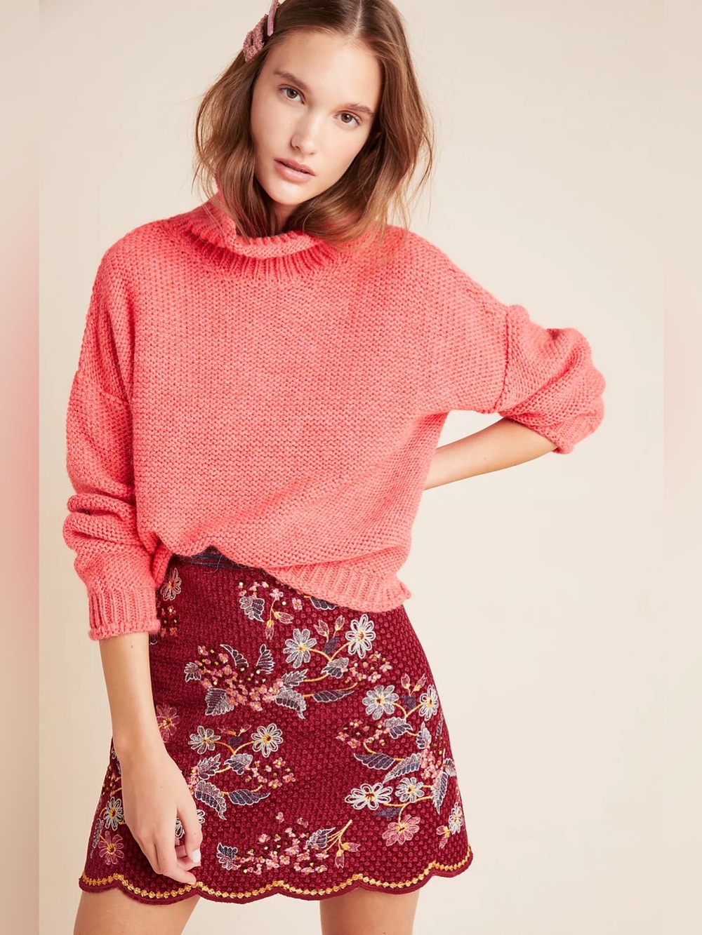 Anthropologie Lottie Textured Pink Turtleneck Rollneck Pullover Sweater Wool